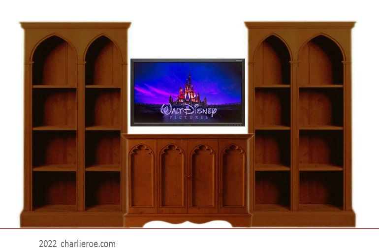 new Gothic Revival Gothique Gotik dark wood entertainment media centre TV unit with lancet arches