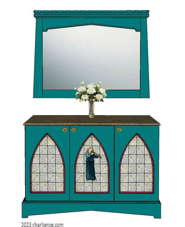 New Gothic Gothique Gotik Revival sideboard and matching Tudor arch painted mantle wall mirror frame
