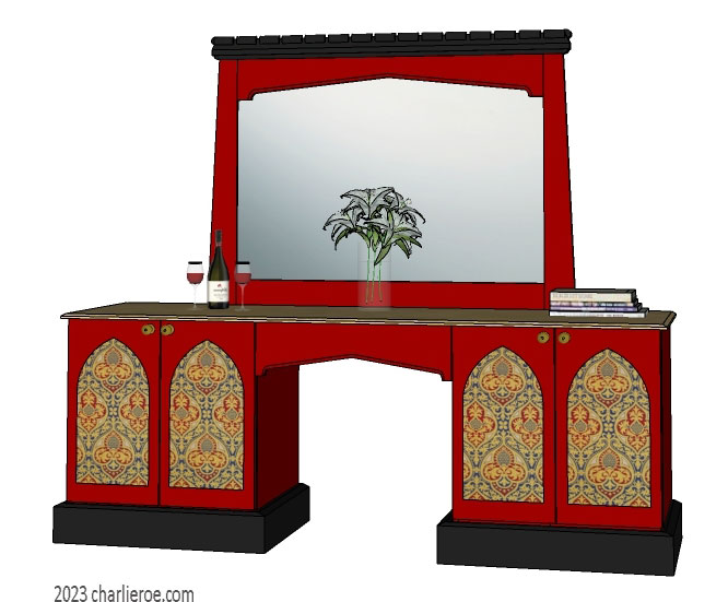 New large Gothic Gothique Gotik Revival sideboard and matching Tudor arch painted mantle wall mirror frame