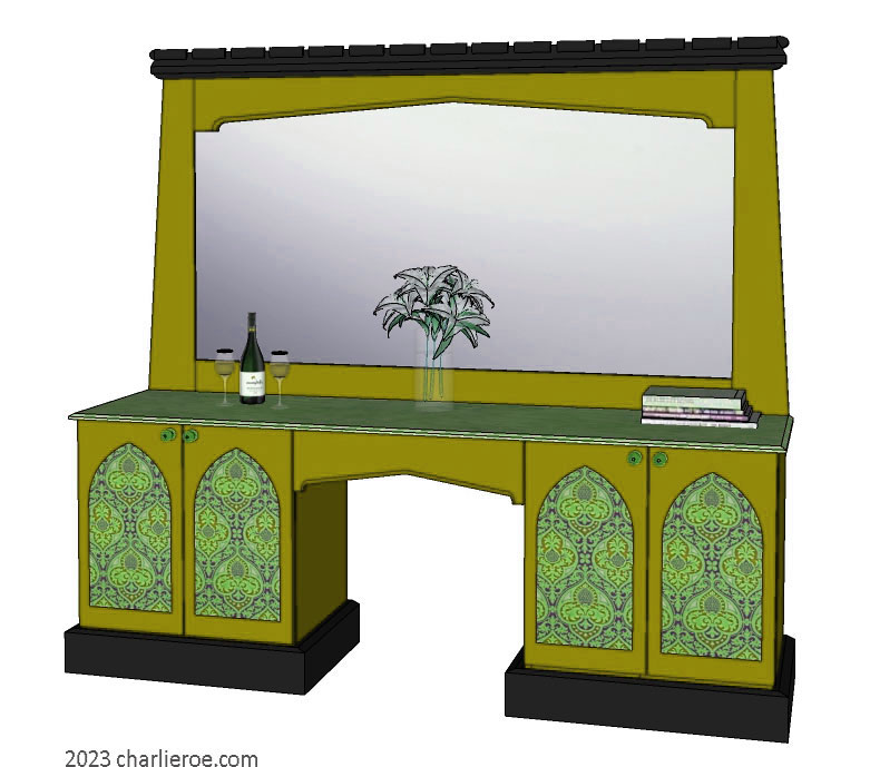 New large Gothic Gothique Gotik Revival sideboard and matching Tudor arch painted mantle wall mirror frame