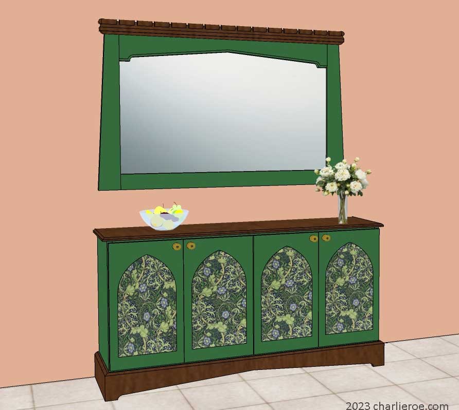 New large Gothic Gothique Gotik Revival sideboard and matching Tudor arch painted mantle wall mirror frame