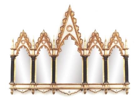 New Gothic Revival style painted gilded mirror frame, with top panels painted with dragons