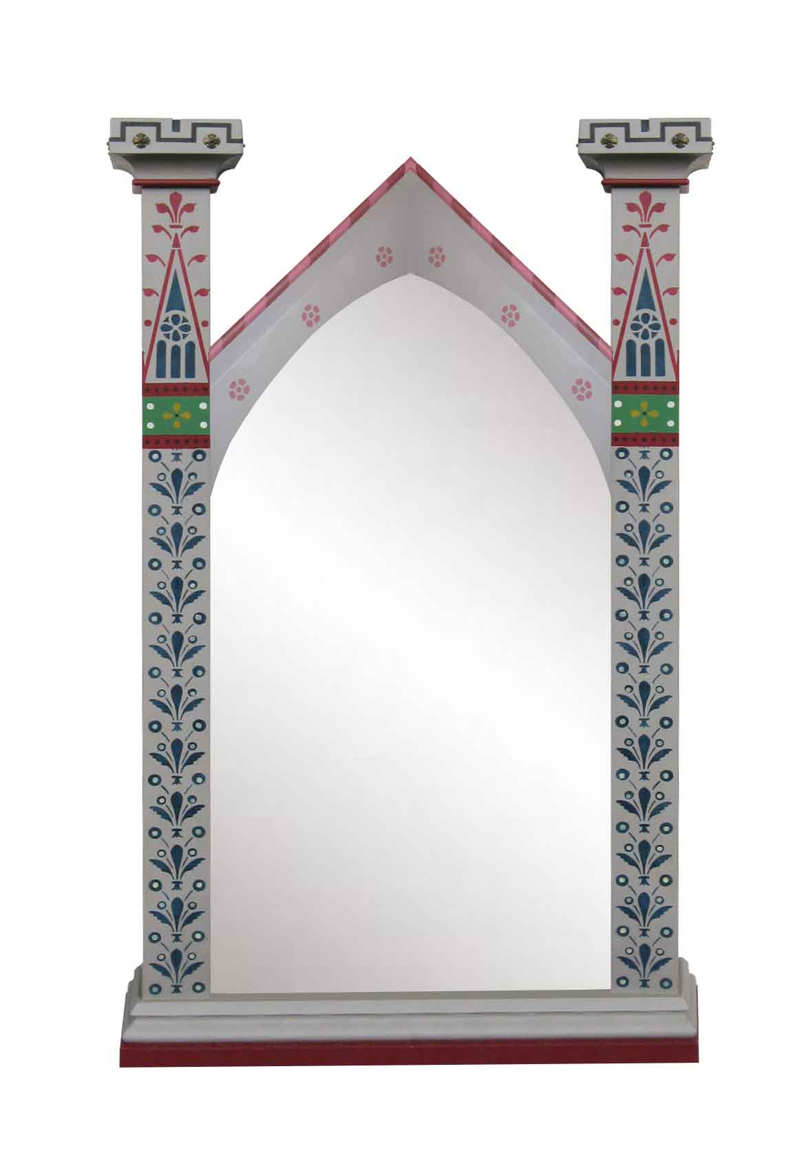 new Wm Burges style Painted Gothic Revival lancet shaped mirror frames with tall finials & stencilled gothic designs