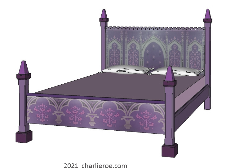 new Reformed Gothic Revival Wm Burges painted stencilled gilded double bed