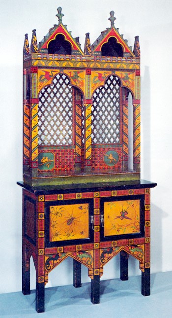 Gothic Revival painted gilded washstand vanity unit cupboard in the style of the Audsley Brothers
