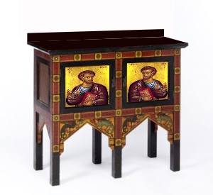 Gothic Revival painted gilded washstand vanity unit cupboard in the style of the Audsley Brothers
