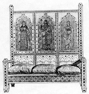 Gothic Gothique painted carved wooden settle bench seat with pre-raphaelite painted figures, furniture