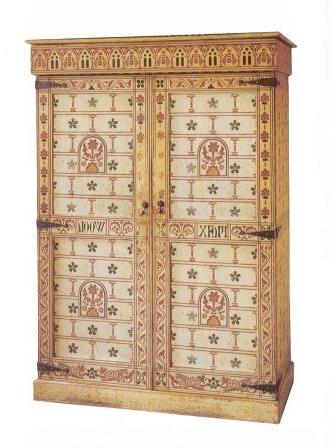 William Burges Reformed Gothic Revival painted armoire cabinet wardrobe furniture