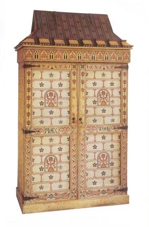 William Burges Reformed Gothic Revival style 'Flax & Wool' cabinet painted bedroom wardrobes & cupboards