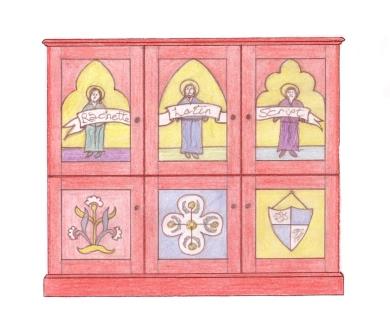 Wm Burges painted stencilled gilded Reformed Gothic Revival TV stereo unit cabinet furniture
