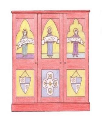 Wm Burges style painted stencilled gilded Reformed Gothic Revival wardrobe cabinet furniture