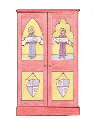 Wm Burges painted stencilled gilded Reformed Gothic Revival  wardrobe cabinet furniture