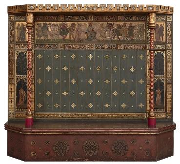 new William Burges Gothic Revival painted and gilded gold 'Zodiac' settle bench