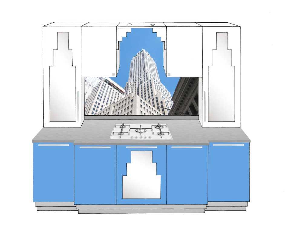Art Deco Skyscrapper style blue & white lacquer fitted kitchen
