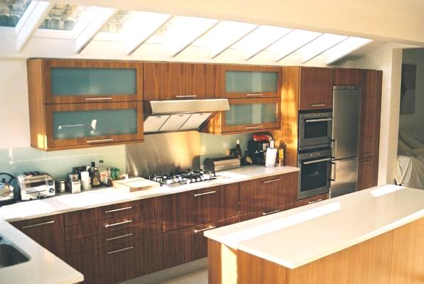 walnut designer fitted kitchen units & island in side return