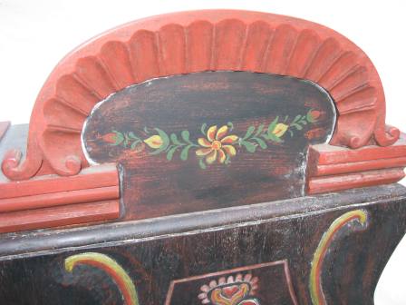 Carved cornice & painted flowers on Scandinavian carved & painted wall cupboard skap from Finland C18th