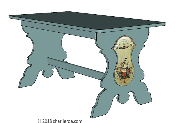 C18th style Scandinavian painted blue farm dining table farm furniture with flower painted end panels