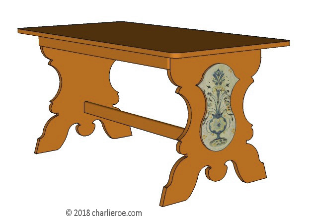 C18th style Scandinavian painted blue farm dining table farm furniture with ornate end panels with Swedish Kurbits painting