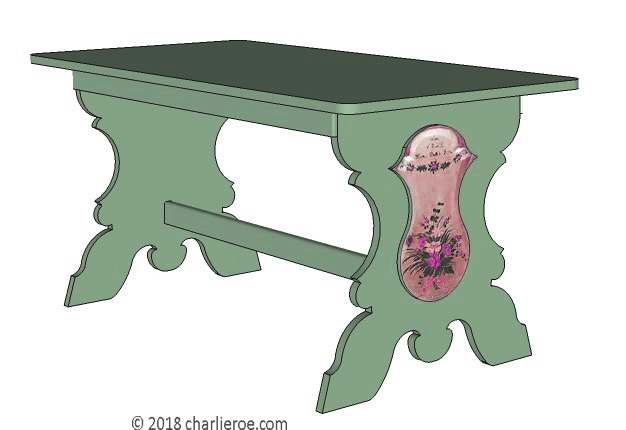 C18th style Scandinavian painted blue farm dining table farm furniture with ornate flower painted panel