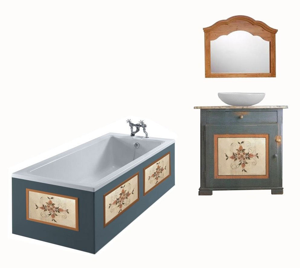 Scandinavian bathroom painted vanity cupboard & wall mirror & bath panels with Kurbits designs furniture