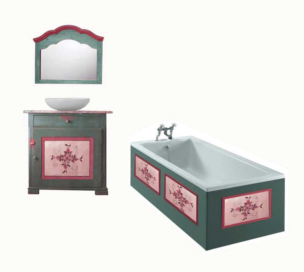 Scandinavian bathroom painted vanity cupboard & wall mirror & bath panels with Kurbits designs furniture