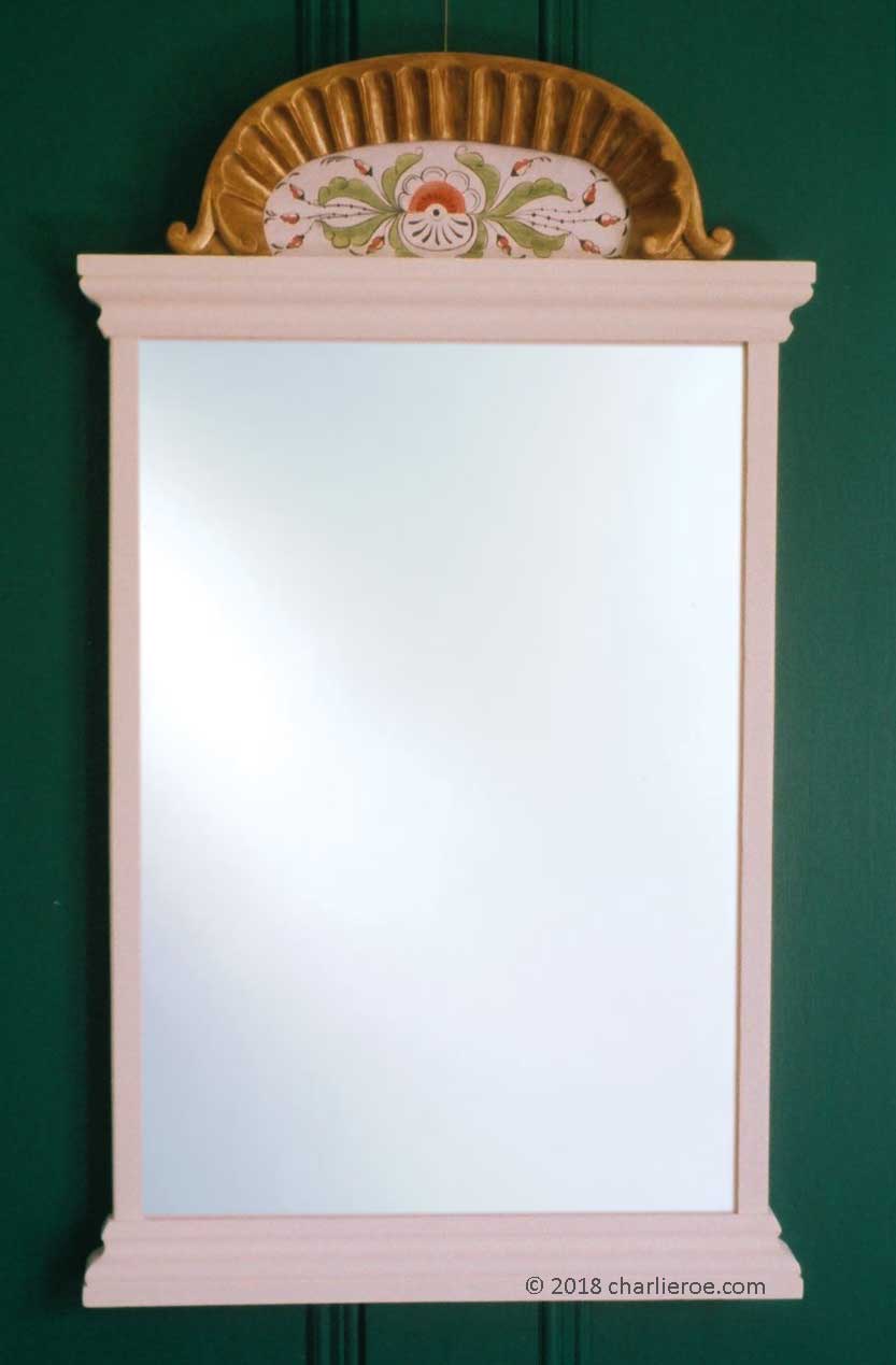 new Painted carved Scandinavian Swedish blue wall mirror with Kurbits painted top