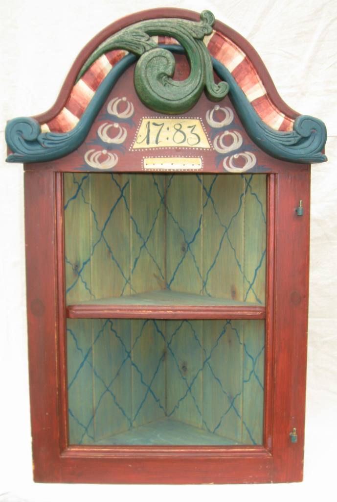 Painted 'Kurbits' carved seventeenth century style Swedish Scandinavian wall cupboard skap, furniture