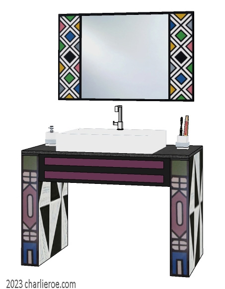 New African style painted bathroom vanity unit with Ndebele patterns design & matching wall mirror