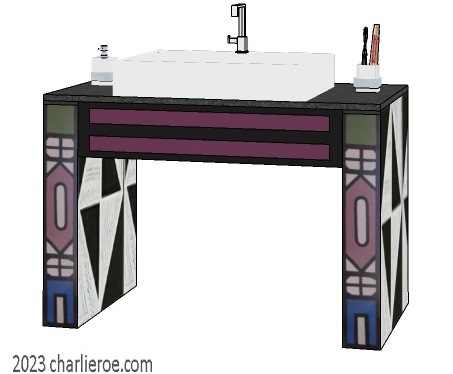 New African style stepped painted bathroom vanity unit with matching shower bath panels with Ndebele patterns design & matching wall mirror