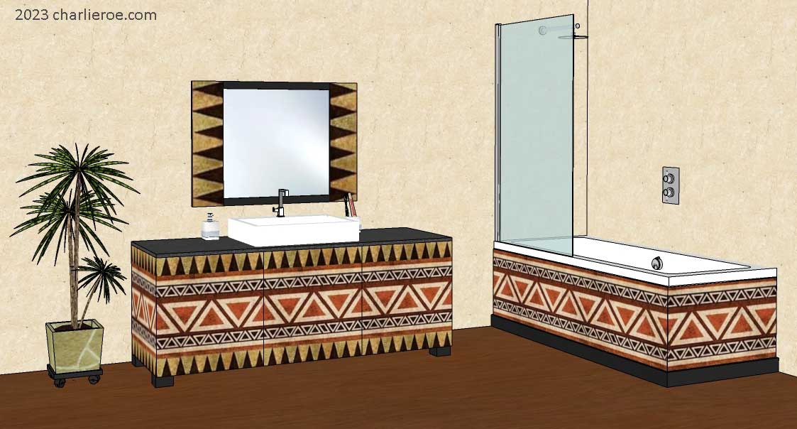 New African style painted bathroom large vanity unit with African designs & matching wall mirror & bath panel