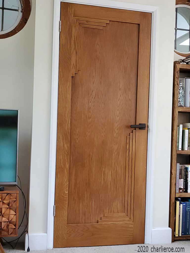 new Art Deco medium Oak door with stepped corner mouldings fitted in-situ