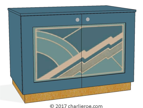 New Art Deco painted lacquered 2 door cabinet, cupboard, bar or sideboard with painted Cubist design door panels