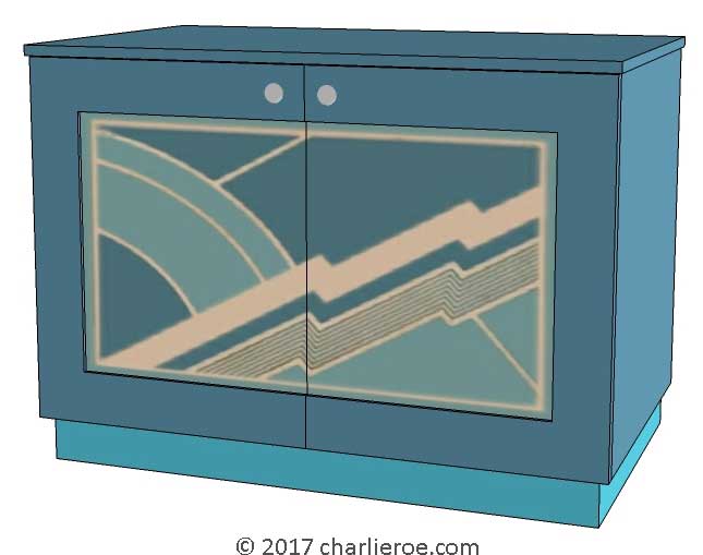 New Art Deco painted lacquered 2 door cabinet, cupboard, bar or sideboard with painted Cubist design door panels