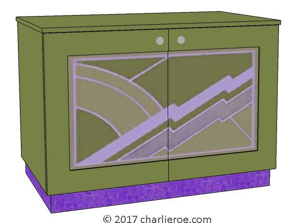 New Art Deco painted lacquered 2 door cabinet, cupboard, bar or sideboard with painted Cubist design door panels