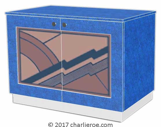 New Art Deco painted lacquered 2 door cabinet, cupboard, bar or sideboard with painted Cubist design door panels