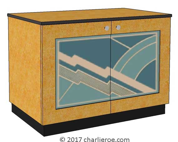 New Art Deco maple 2 door cabinet, cupboard, bar or sideboard with painted Cubist design door panels