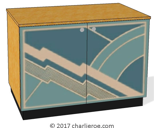 New Art Deco painted lacquered 2 door cabinet, cupboard, bar or sideboard with painted Cubist design door panels