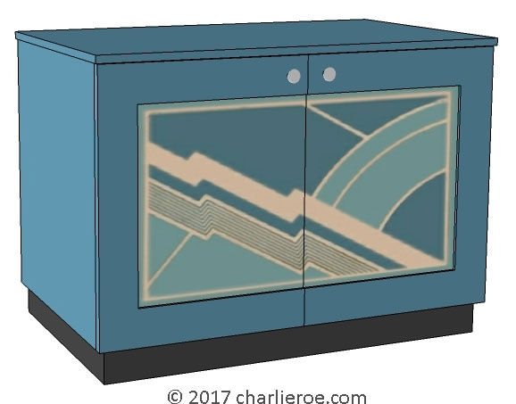 New Art Deco painted lacquered 2 door cabinet, cupboard, bar or sideboard with painted Cubist design door panels