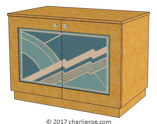 New Art Deco painted lacquered 2 door cabinet, cupboard, bar or sideboard with painted Cubist design door panels