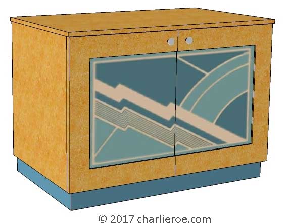 New Art Deco painted lacquered 2 door cabinet, cupboard, bar or sideboard with painted Cubist design door panels