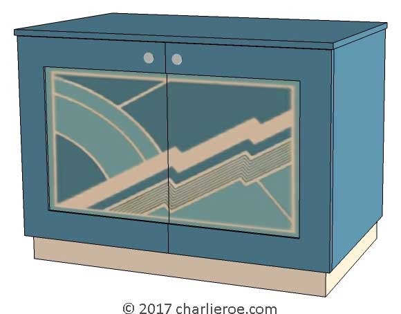 New Art Deco painted lacquered 2 door cabinet, cupboard, bar or sideboard with painted Cubist design door panels