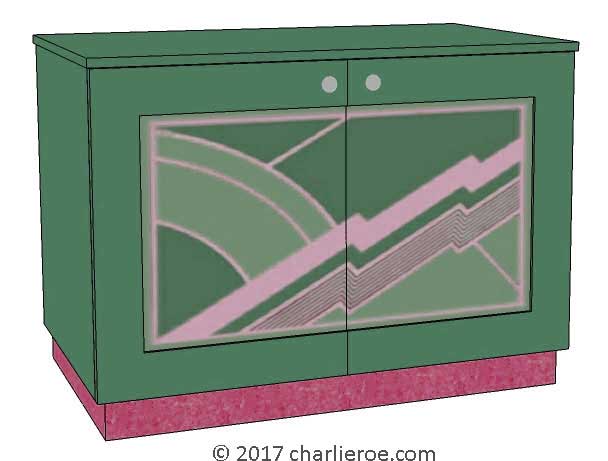 New Art Deco painted lacquered 2 door cabinet, cupboard, bar or sideboard with painted Cubist design door panels