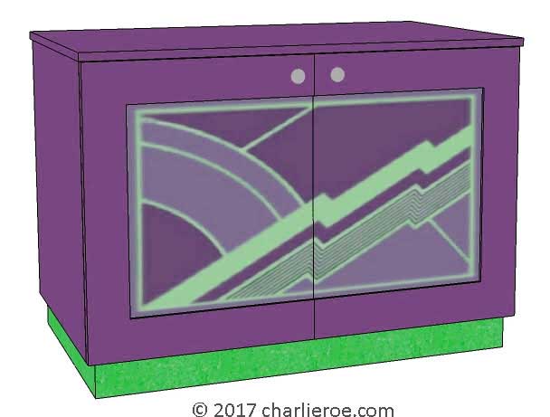 New Art Deco painted lacquered 2 door cabinet, cupboard, bar or sideboard with painted Cubist design door panels