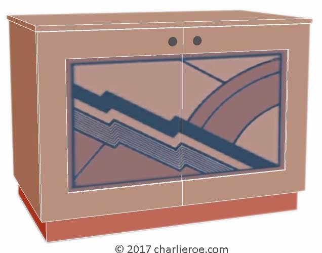 New Art Deco painted lacquered 2 door cabinet, cupboard, bar or sideboard with painted Cubist design door panels