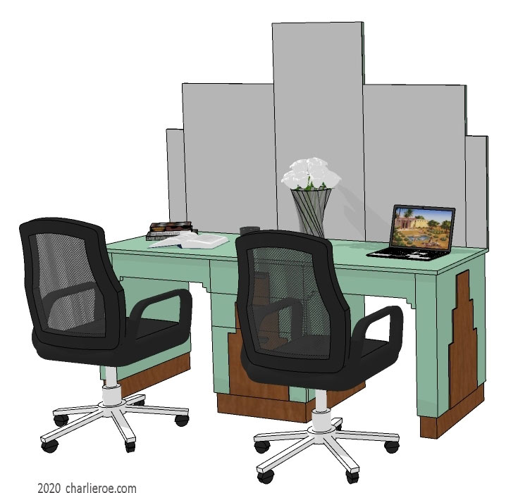 New Art Deco Skyscraper style wood & lacquered painted double home office desk with large stepped mirrors