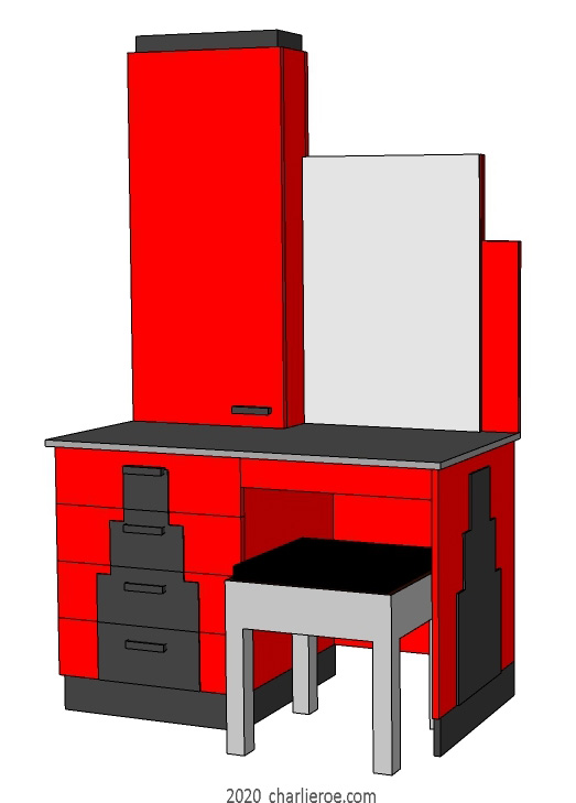 New Art Deco Skyscraper style lacquered painted home office desk with top cupboard & mirror