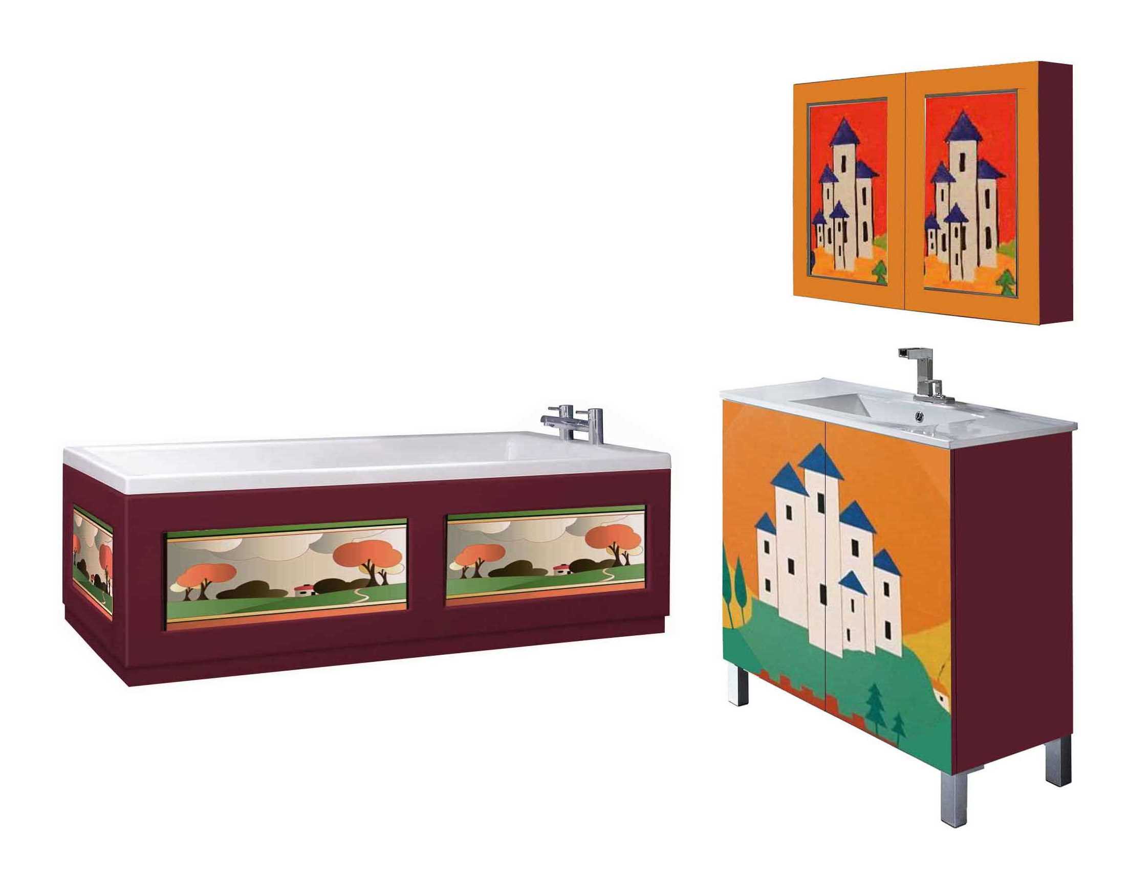 New Clarice Cliff Art Deco design painted vanity units & wall mirror