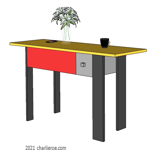 New De Stijl Movement style console table or sideboard painted in typical De Stijl colours with 1-3 drawers
