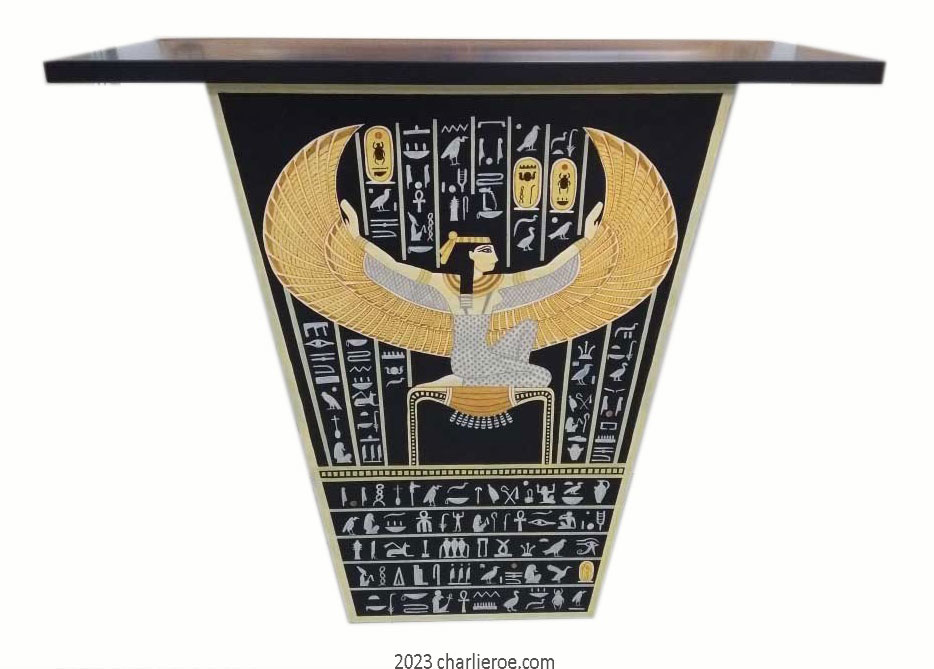 new ancient Egyptian Revival style Pylon shaped painted console table cabinet with decorative Egyptian designs & heiroglyphs