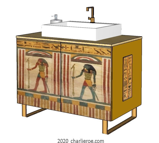 New ancient Egyptian Revival style painted 2 door bathroom vanity unit with typical painted Egyptian figures and heiroglyphs on sledge feet